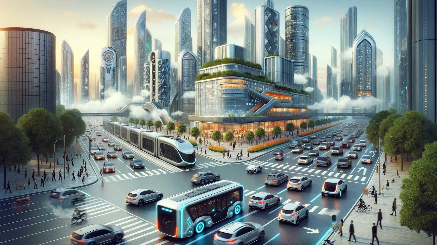 Futuristische Stadt mit Elektro- und Benzin-Fahrzeugen in harmonischer Koexistenz