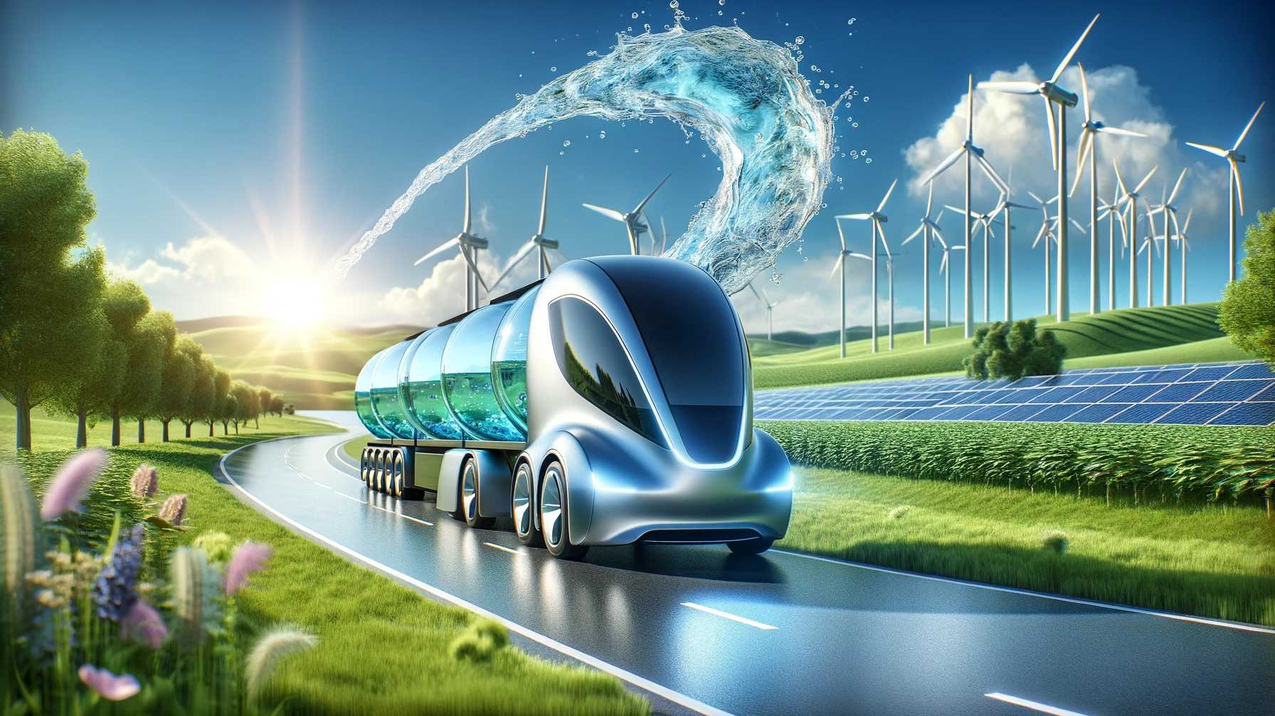 Wasserstoff-Transporter auf grüner Straße mit erneuerbaren Energiequellen