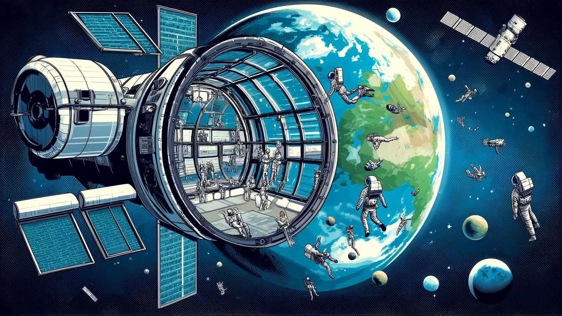 Orbital-Reef-Weltraumstation-Zukunft-Blick-auf-die-Erde-Astronauten-und-Raumtouristen