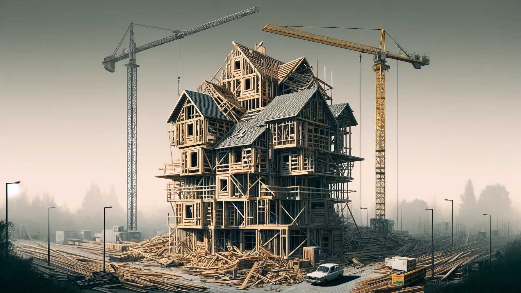Kubistische Darstellung einer Krise in der deutschen Bauindustrie mit teilweise gebautem Haus und Baukran