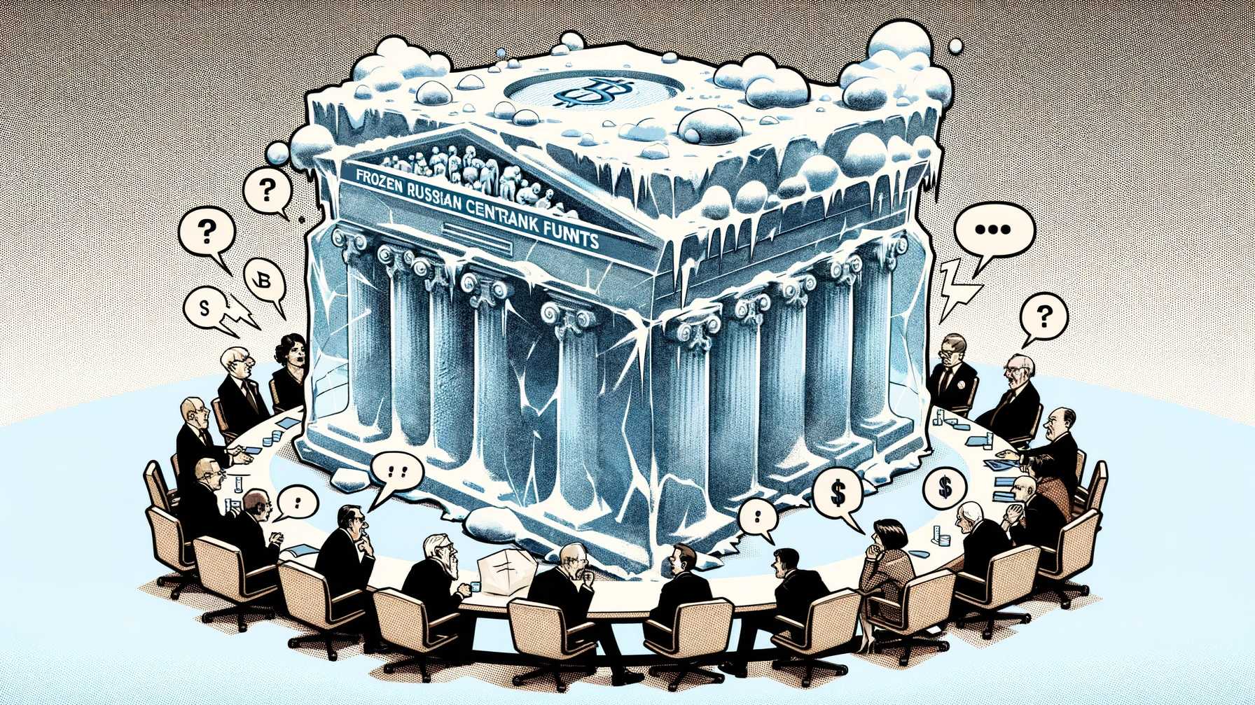 Symbolische Darstellung von eingefrorene russische Zentralbankgeldern und einer Diskussion der G7-Staaten