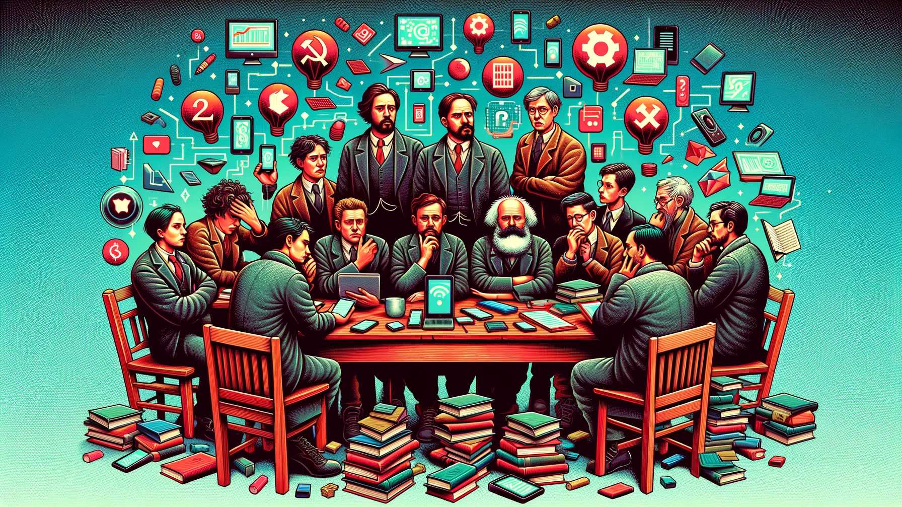 KI-generierte Illustration zeigt einen Debattiertisch mit Marx und ratlosen Theoritikern