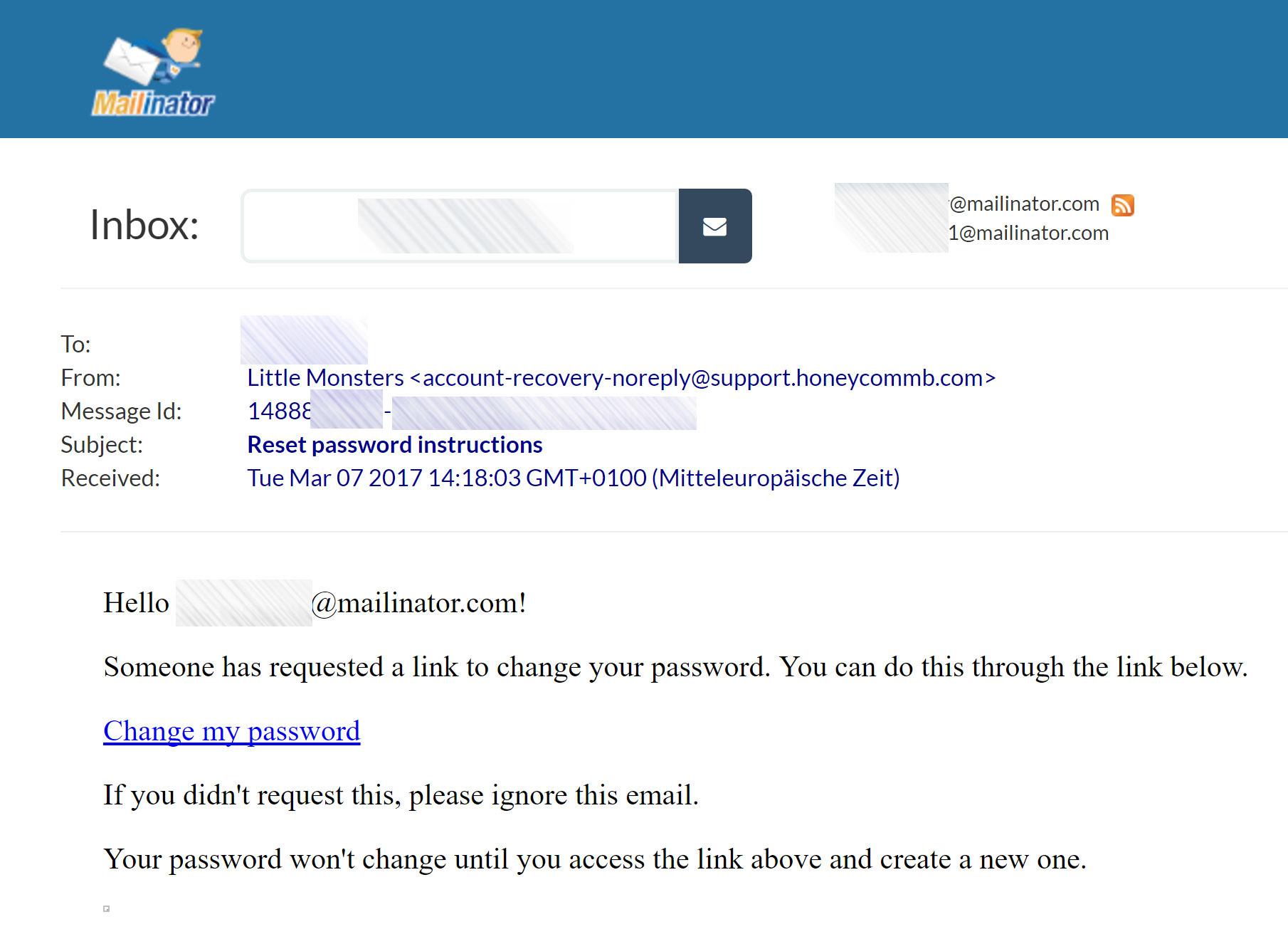 E-Mail zum Little-Monsters-Passwort-Reset im Mailinator-Konto