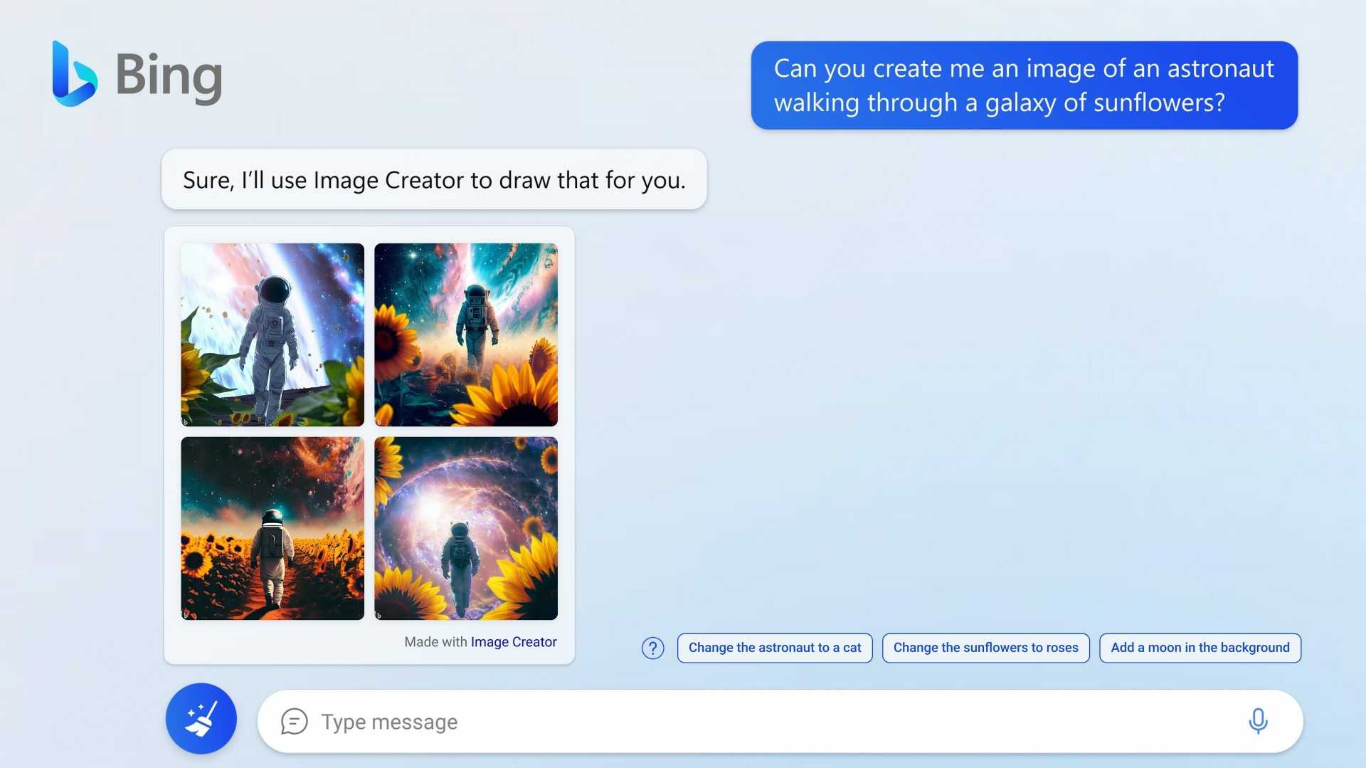 Rechts oben der Befehl "Can you create me an image of an astronaut walking through a galaxy of sunflowers?" Links vier einschlägige Bilder