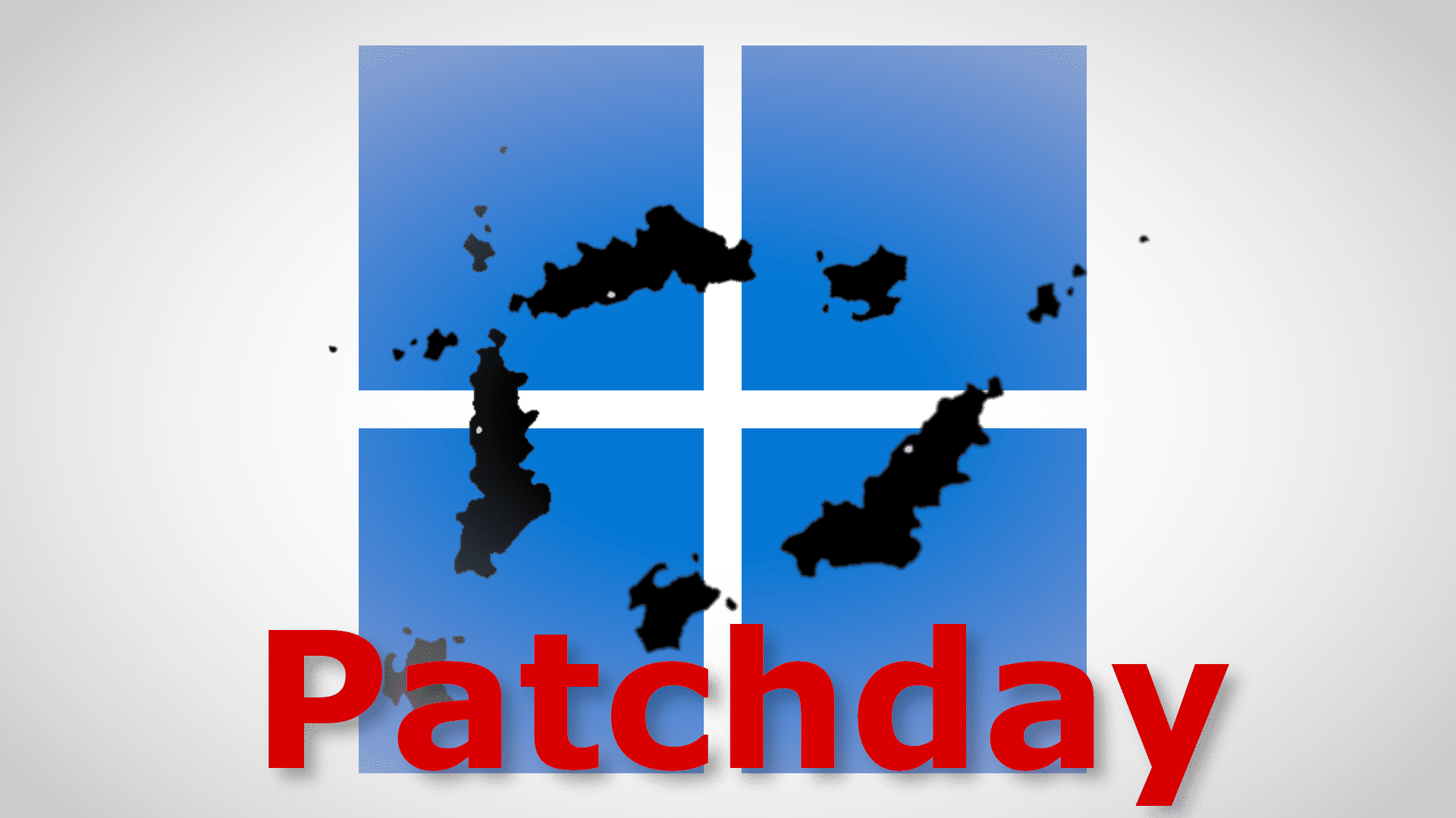 Windows-Logo mit Flecken und der Aufschrift "Patchday"