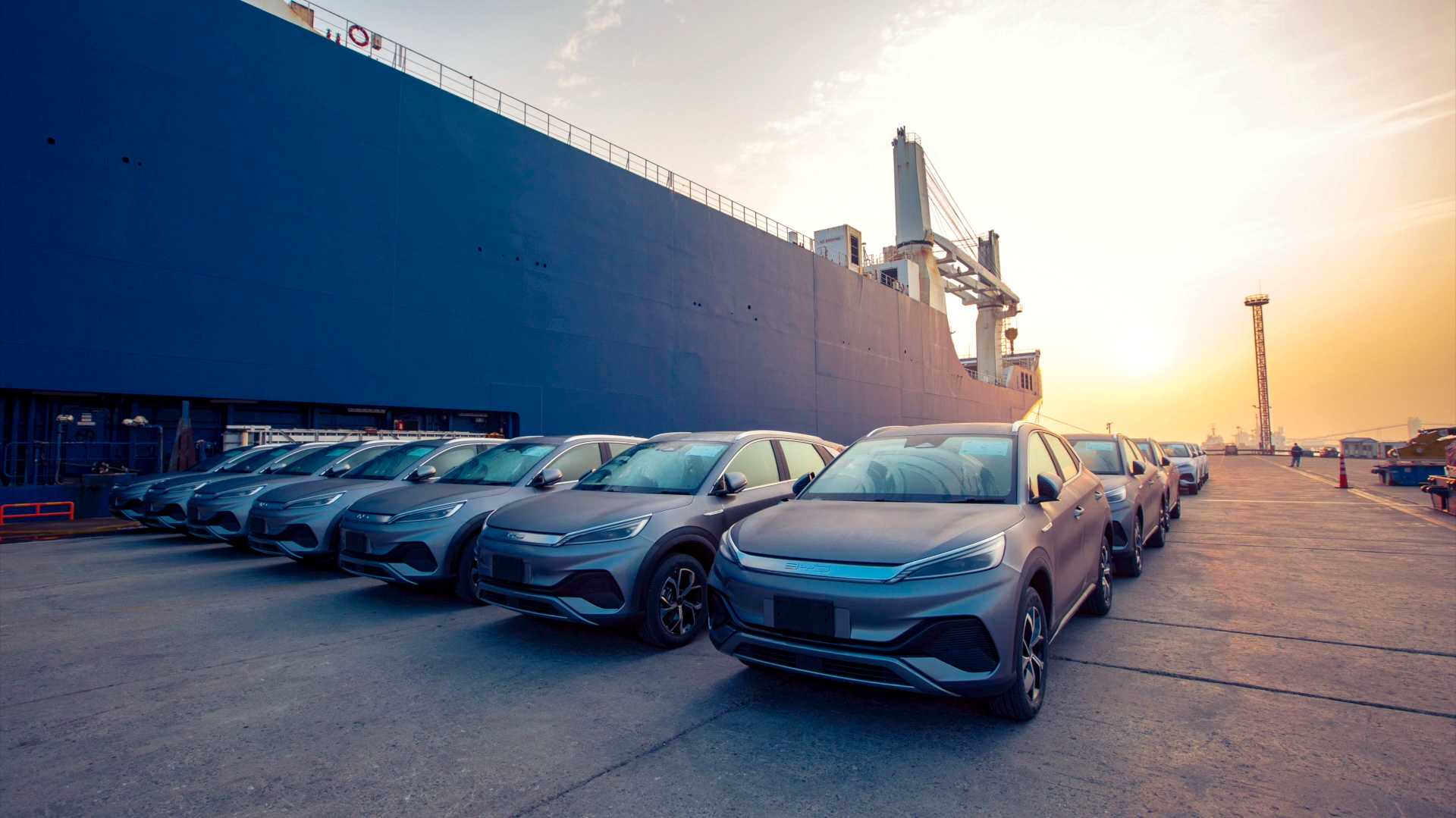 Eine Anzahl von Neufahrzeugen der Marke BYD steht auf einem Hafenpier vor einem Transportschiff.