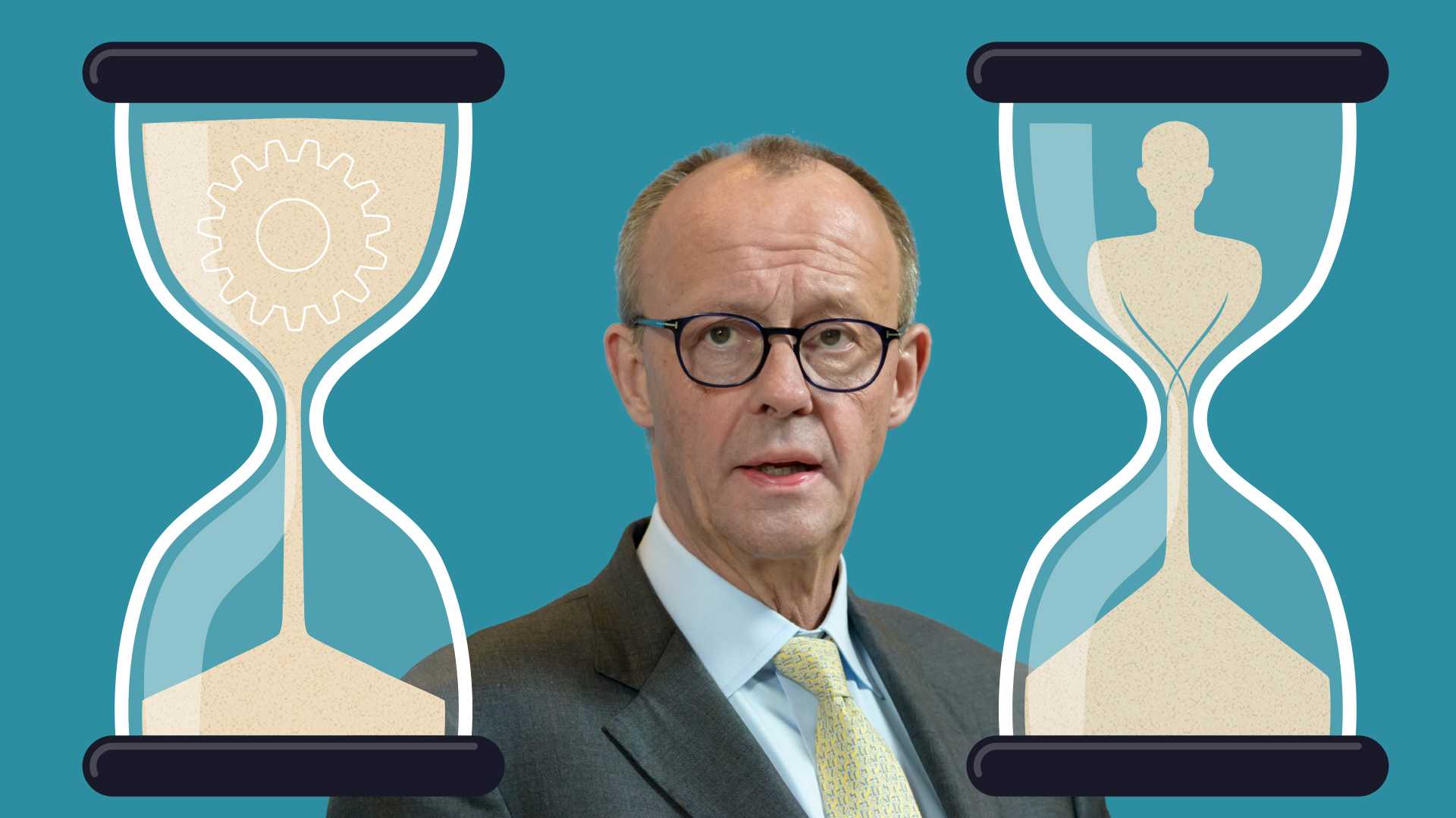  Friedrich Merz mit zwei Sanduhren. In einer zefließt ein Arbeiter