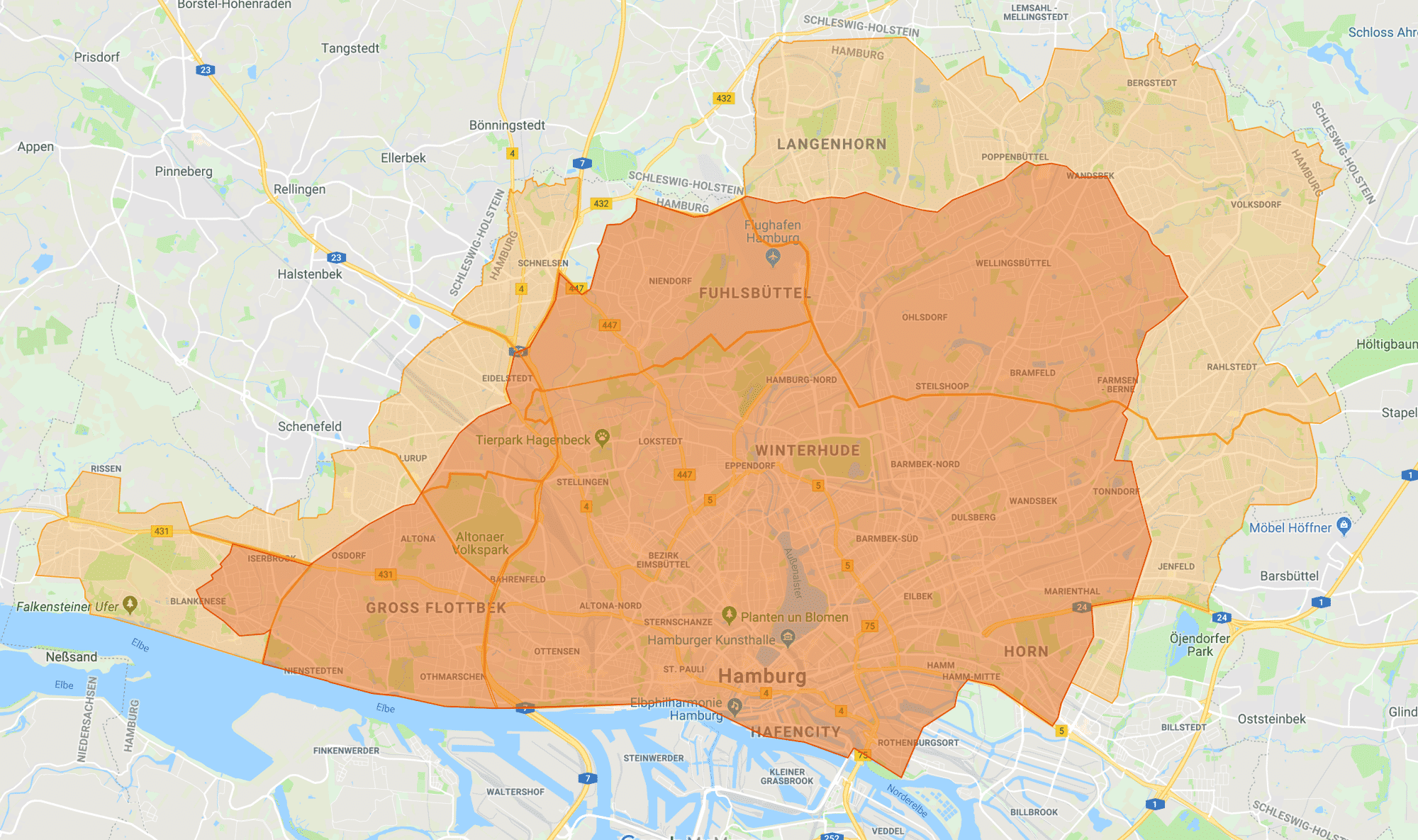 In Hamburg bedient Moia zunächst das dunkel eingefärbte Gebiet.