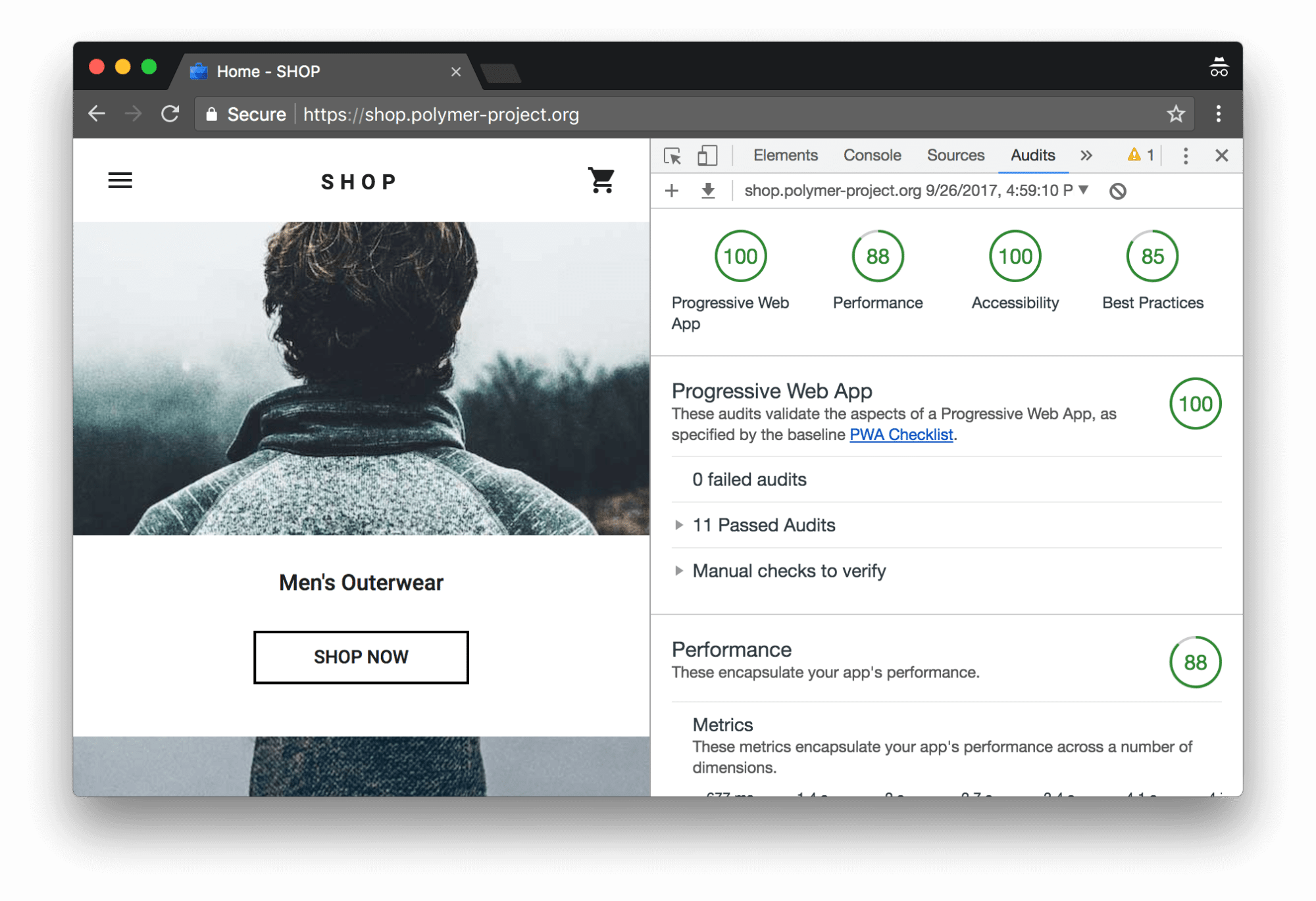 Ein Lighthouse-Report innerhalb der Chrome DevTools (Bild: Google)