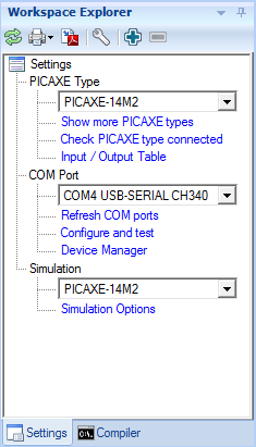 Screenshot der Einstellungen: Picaxe Typ – Picaxe-14M2, COM-Port – USB-Serial CH340