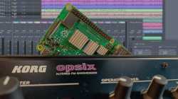 Raspberry Pi Computer schaut hinter einem Korg Opsix Synthesizer vor