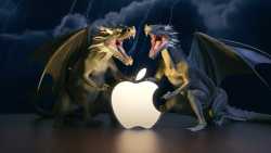 Zwei Drachen versammeln sich um ein leuchtendes Apple-Logo