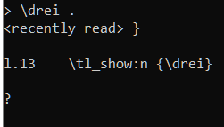 Ausgabe von [i]\tl_show:n {\drei}[/i]. [caps]Enter[/caps] setzt den Kompiliervorgang fort (Abb. 3).