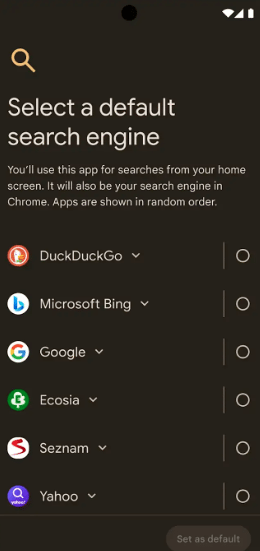 Eine weitere DMA-Pflicht: Android wird mit einem Auswahlscreen abfragen, welche Suchmaschine in Chrome voreingestellt sein soll., Ecosia