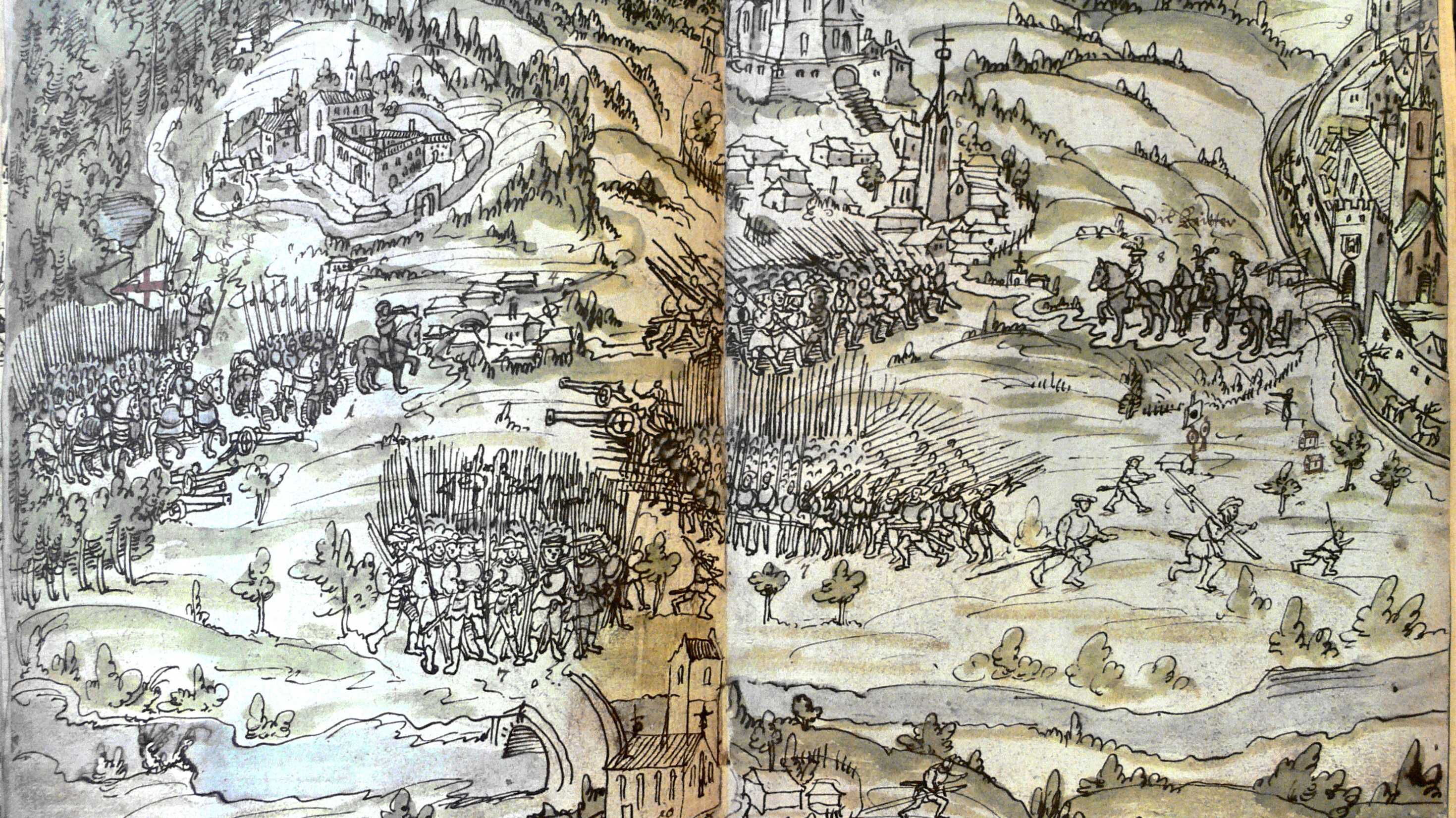 Aufstellung vor Weingarten: Links das Heer des Schwäbischen Bundes, in der Mitte die Bauernhaufen mit zwei Kanonen. Zeichnung aus der Bauernkriegschronik des Abt Jacob Murer