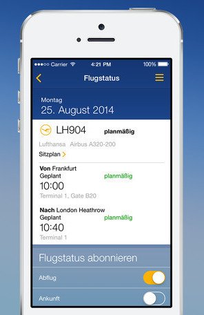 Neben der iBeacon-Integration hat die iPhone-Version der Lufthansa-App eine neue Bedienoberfläche erhalten