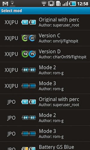 Das Galaxy S Battery Icon Mod2 bietet eine Auswahl an Ersatz-Icons für den Ladezustand des Akkus.