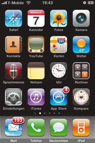 Beim iPhone sind die Anwendungen in mehrere Startbildschirme unterteilt, zwischen denen man per Fingerwisch zur Seite blättert. Die Reihenfolge der Icons lässt sich auf dem iPhone oder via iTunes ändern.