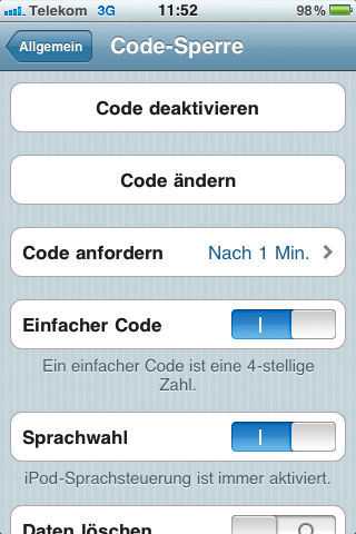 Seit iOS4 kann der Anwender sein iPhone statt mit nur einem vierstelligen Passcode ...