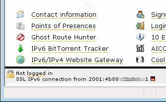 Die Sixxs-Website zeigt im unteren Bereich an, ob man per IPv4 oder übers IPv6-Netz surft – samt IP-Adresse und Whois-Anfrage, die den Besitzer der Adresse identifiziert.