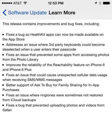 iOS 8.0.1-Update, hier in der US-Version.