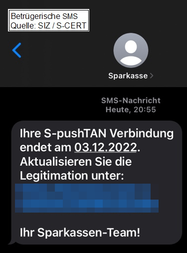 Screenshot der Phishing-SMS von der Sparkasse