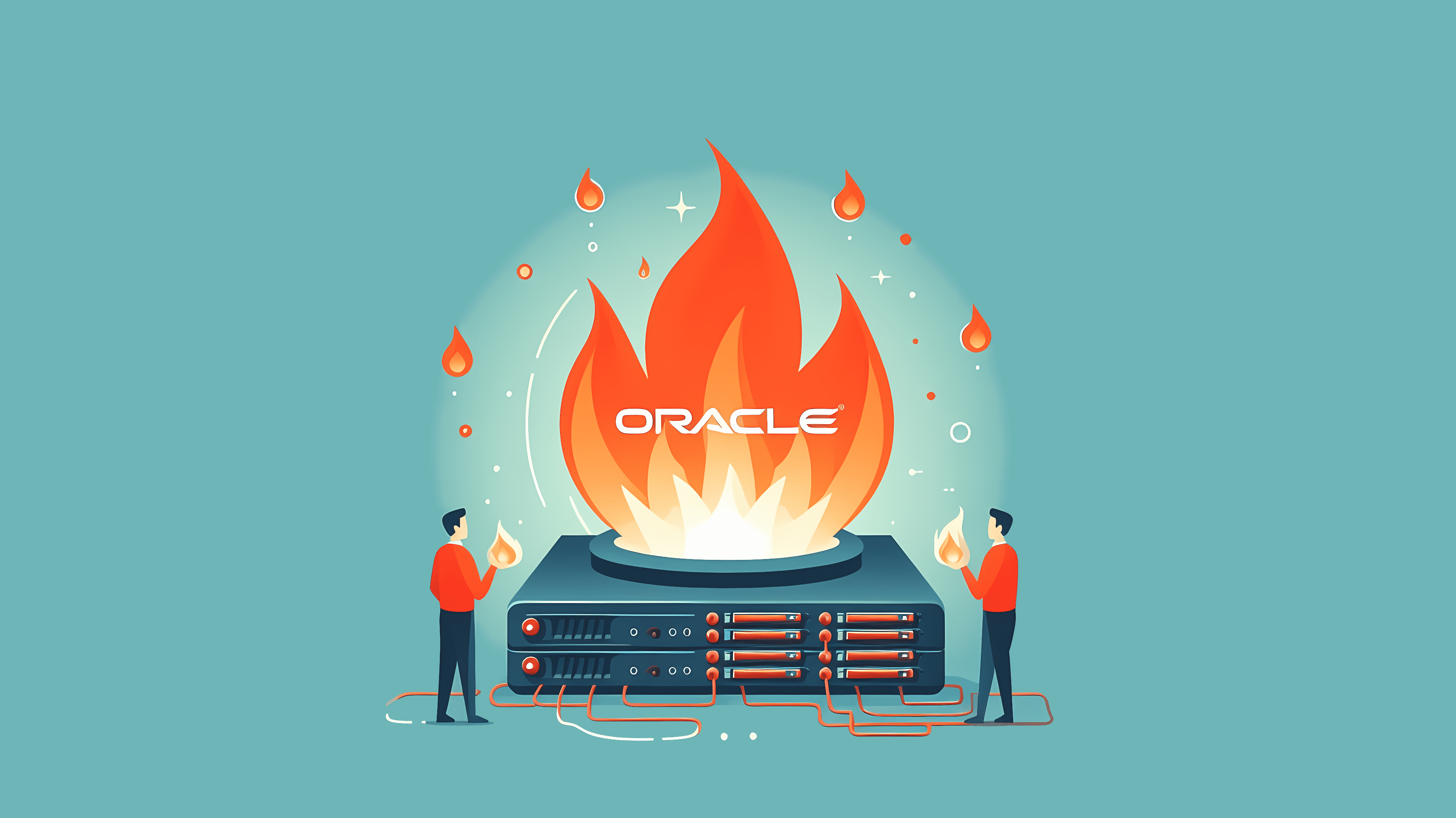 Stilisiertes Bild: Oracle-Logo auf Appliances, mit Flammen