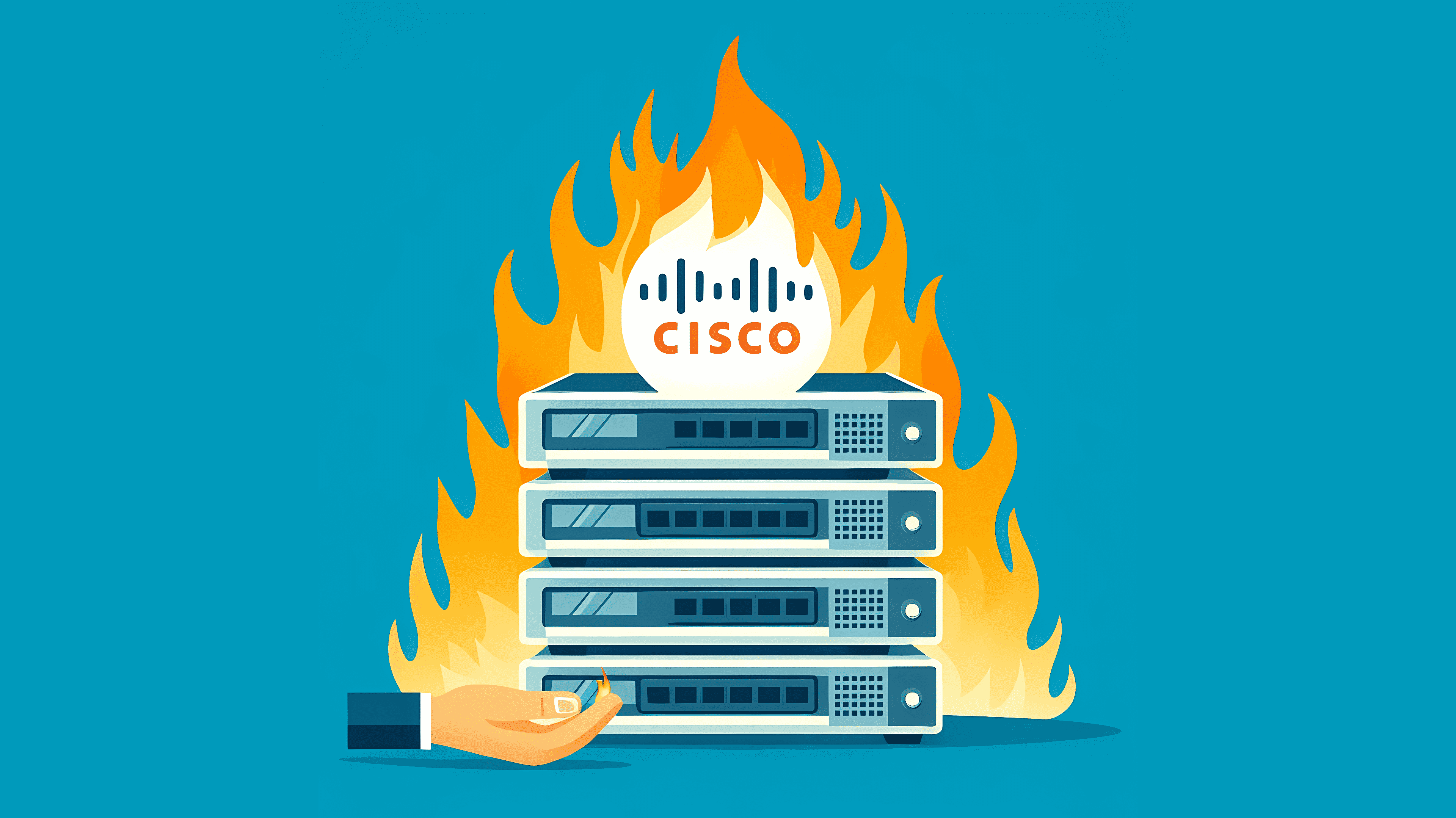 Stilisiertes Bild: Ein Stapel brennender Cisco-Appliances