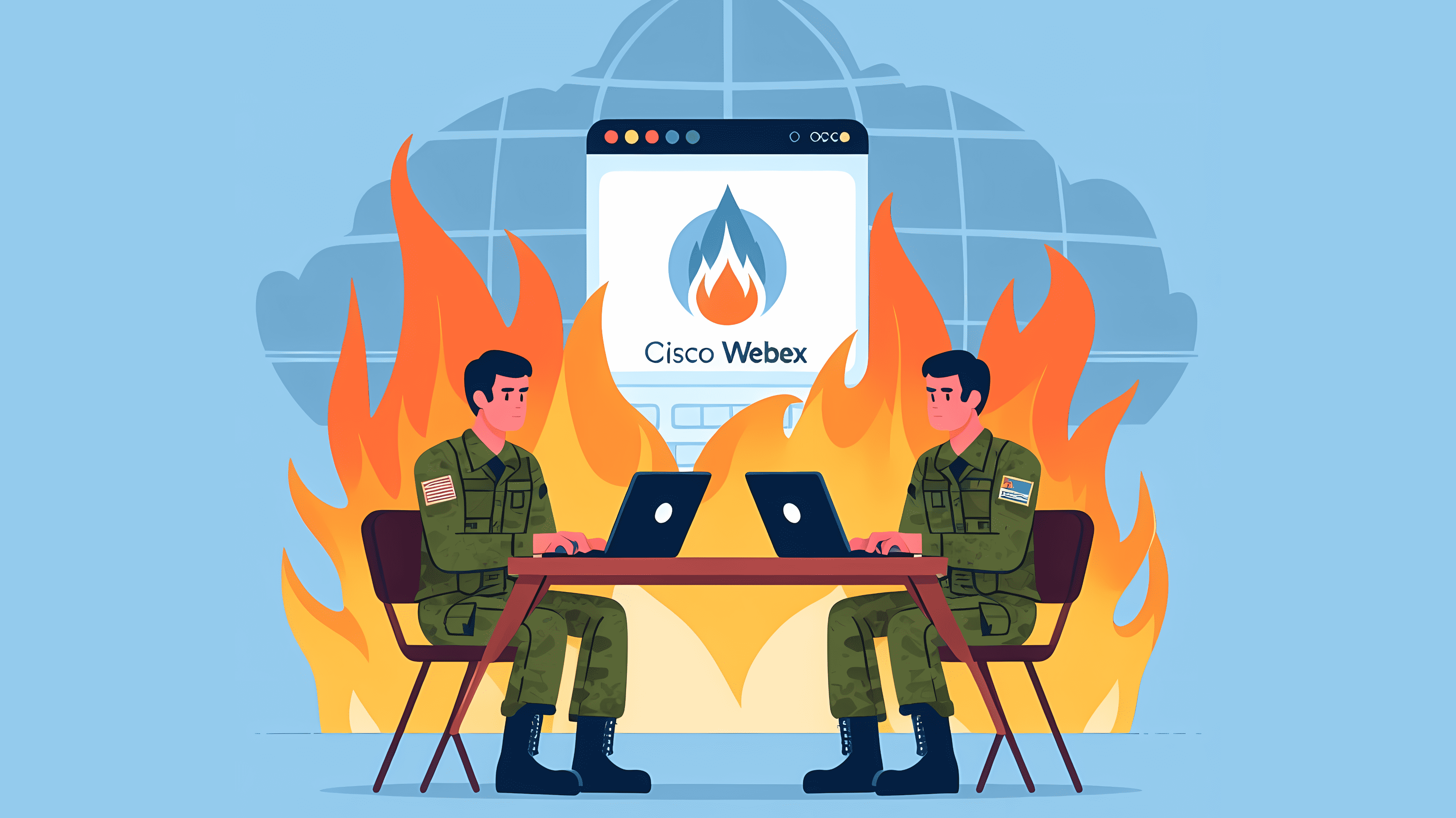 Stilisiertes Bild: Zwei Soldaten halten eine Webkonferenz ab. Im Hintergrund steht "Cisco Webex"