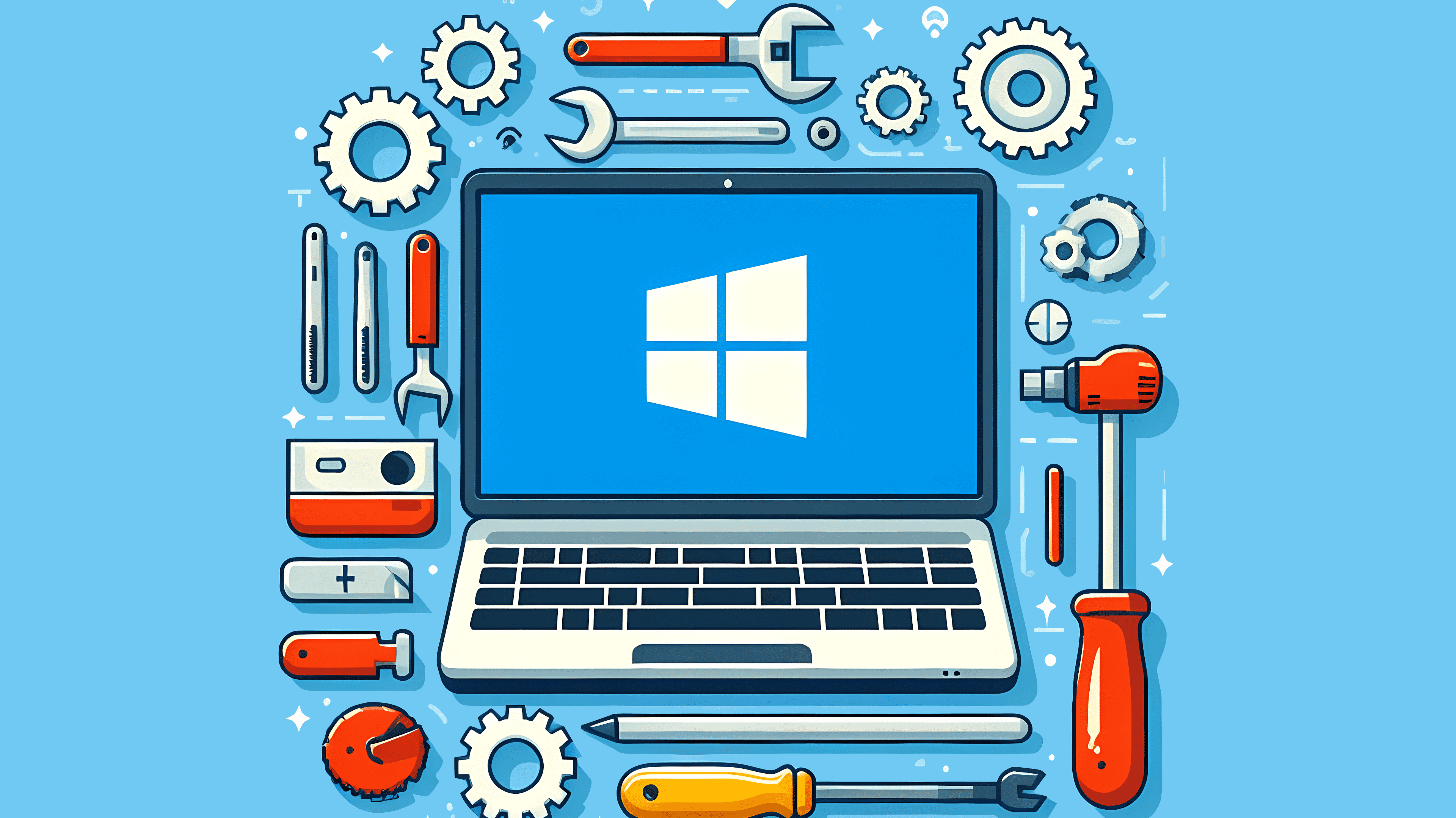 Stilisiertes Bild: Ein Laptop mit Windows-Logo auf einer Werkbank, umgeben von Werkzeugen und Zahrädern