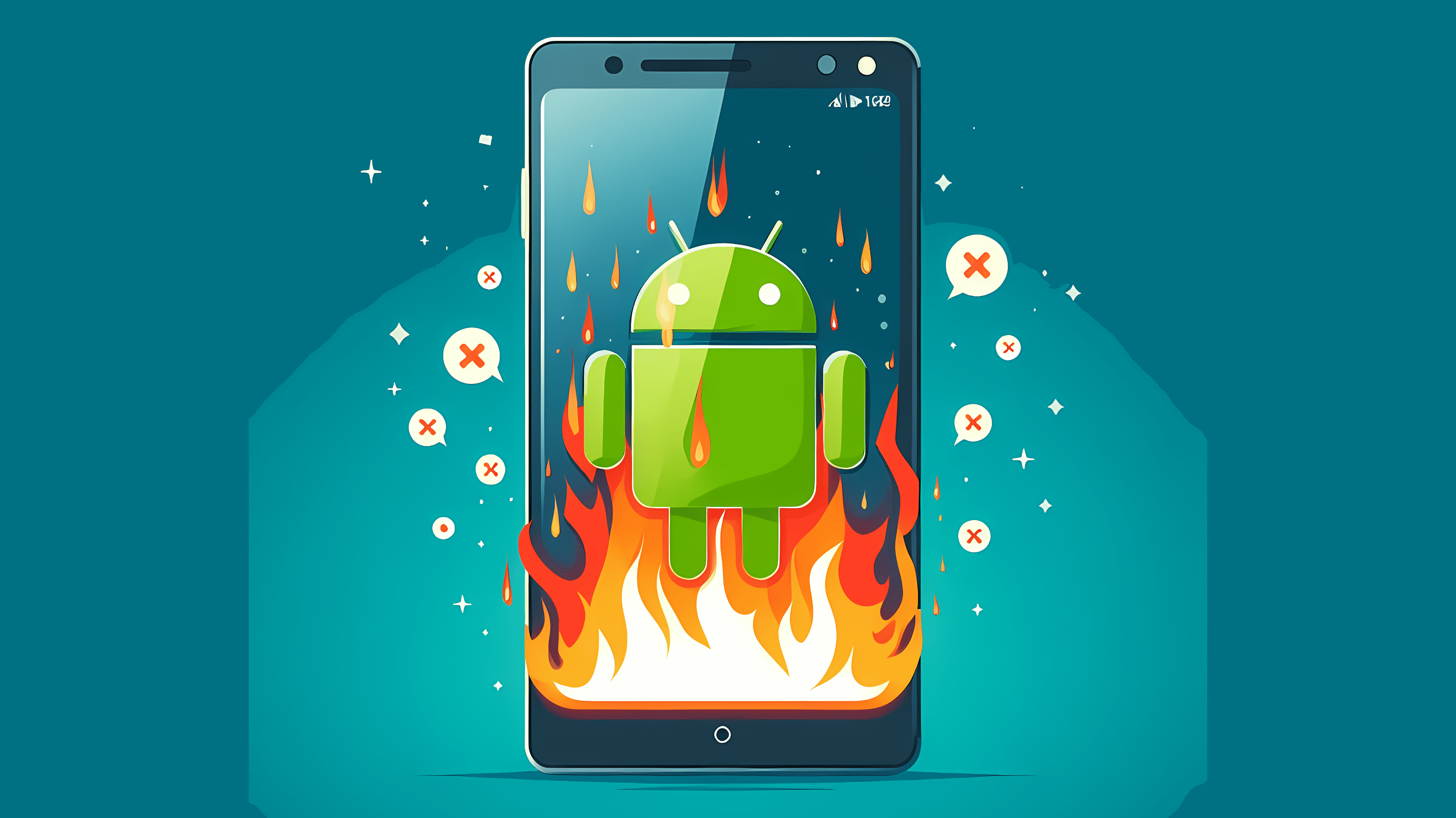 Stilisiertes Bild: Smartphone mit Android-Roboter auf dem Bildschirm, steht in Flammen