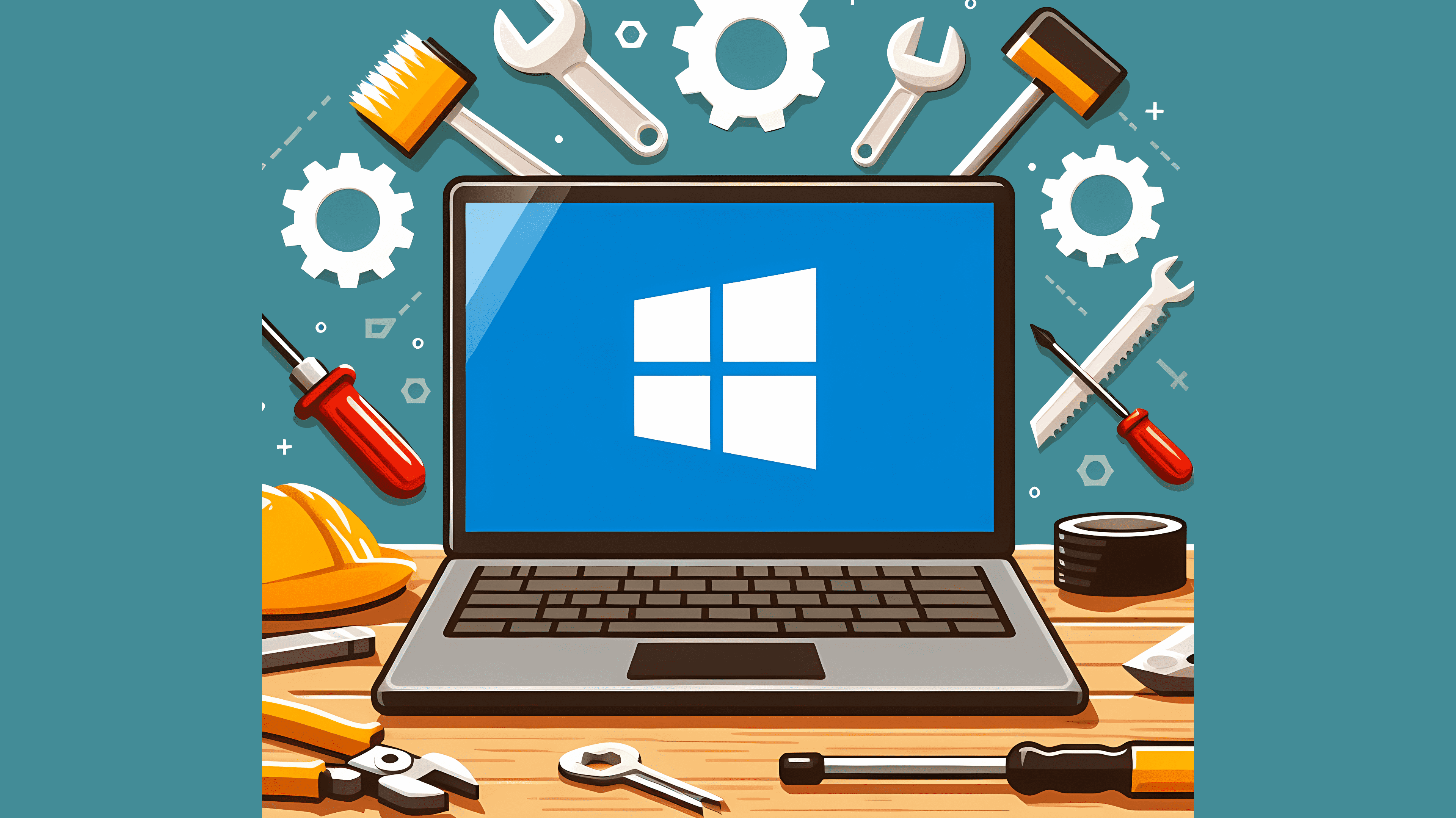 Stilisiertes Bild: Ein Laptop mit Windows-Logo auf einer Werkbank, umgeben von Werkzeugen und Zahrädern