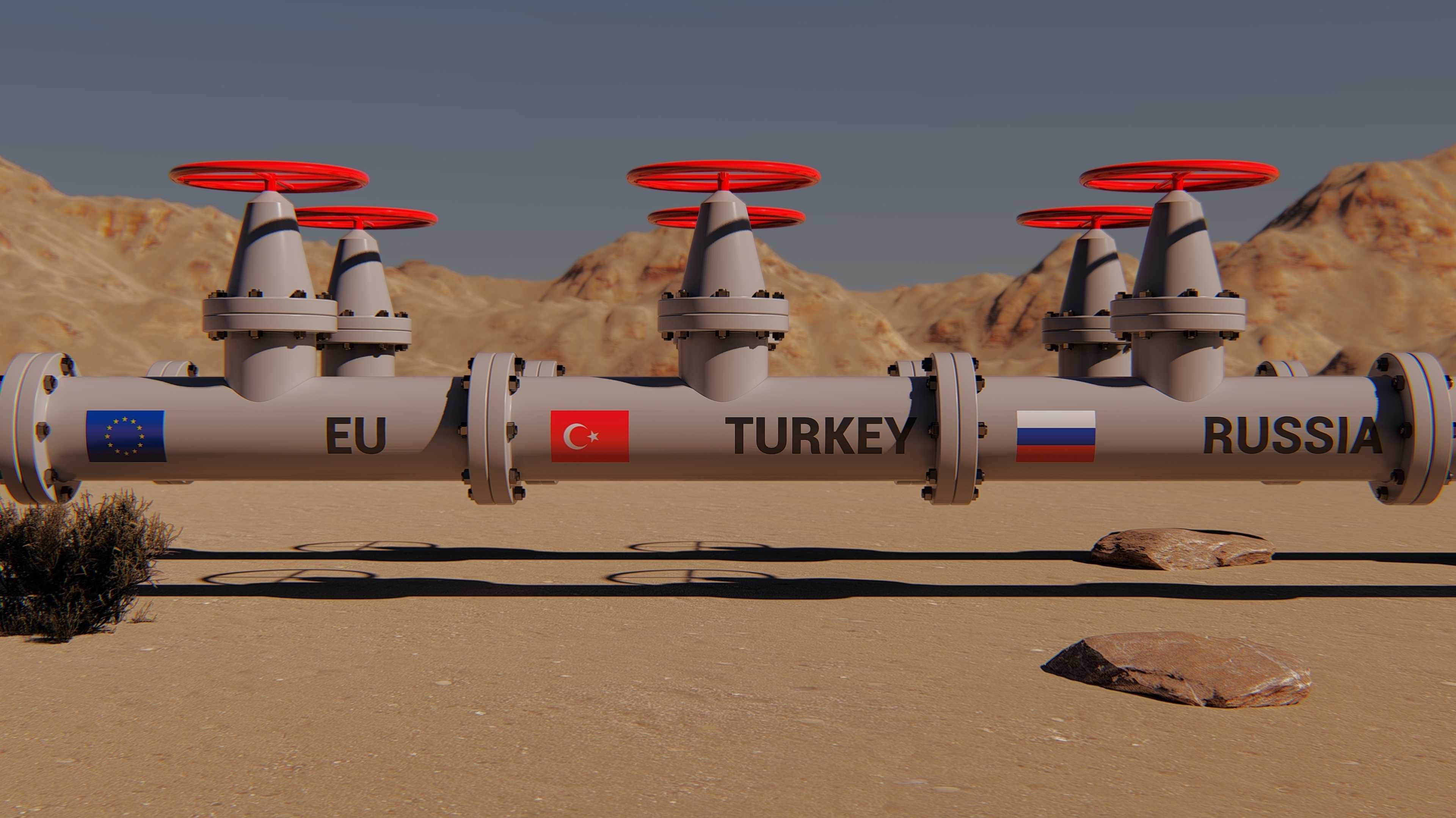 Die Gaspipeline mit Flaggen Russlands, der Türkei und der EU.