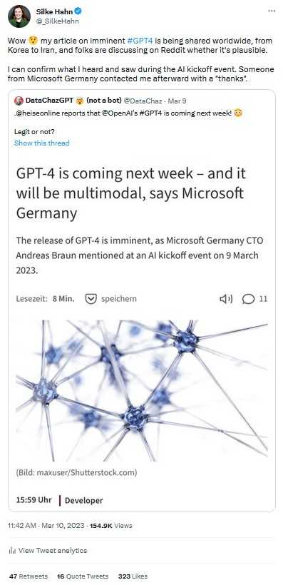 Silke Hahn on Twitter: &quot;Wow, my article on imminent GPT-4 is being shared worldwide&quot;