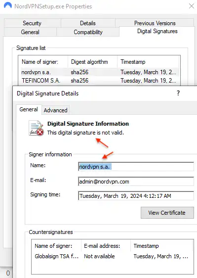 Digitale Signatur des Installers mit zusätzlicher Malware ist ungültig