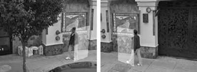 Um die entstehenden Lücken zu füllen, werden Informationen über den Hintergrund aus Bildern ausgewertet, die von der Szene aus anderen Winkeln aufgenommen wurden.