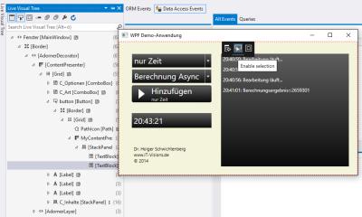 Das schwarze Menü in der Mitte des Anwendungsfensters dient der Steuerung des Live Visual Tree für XAML.