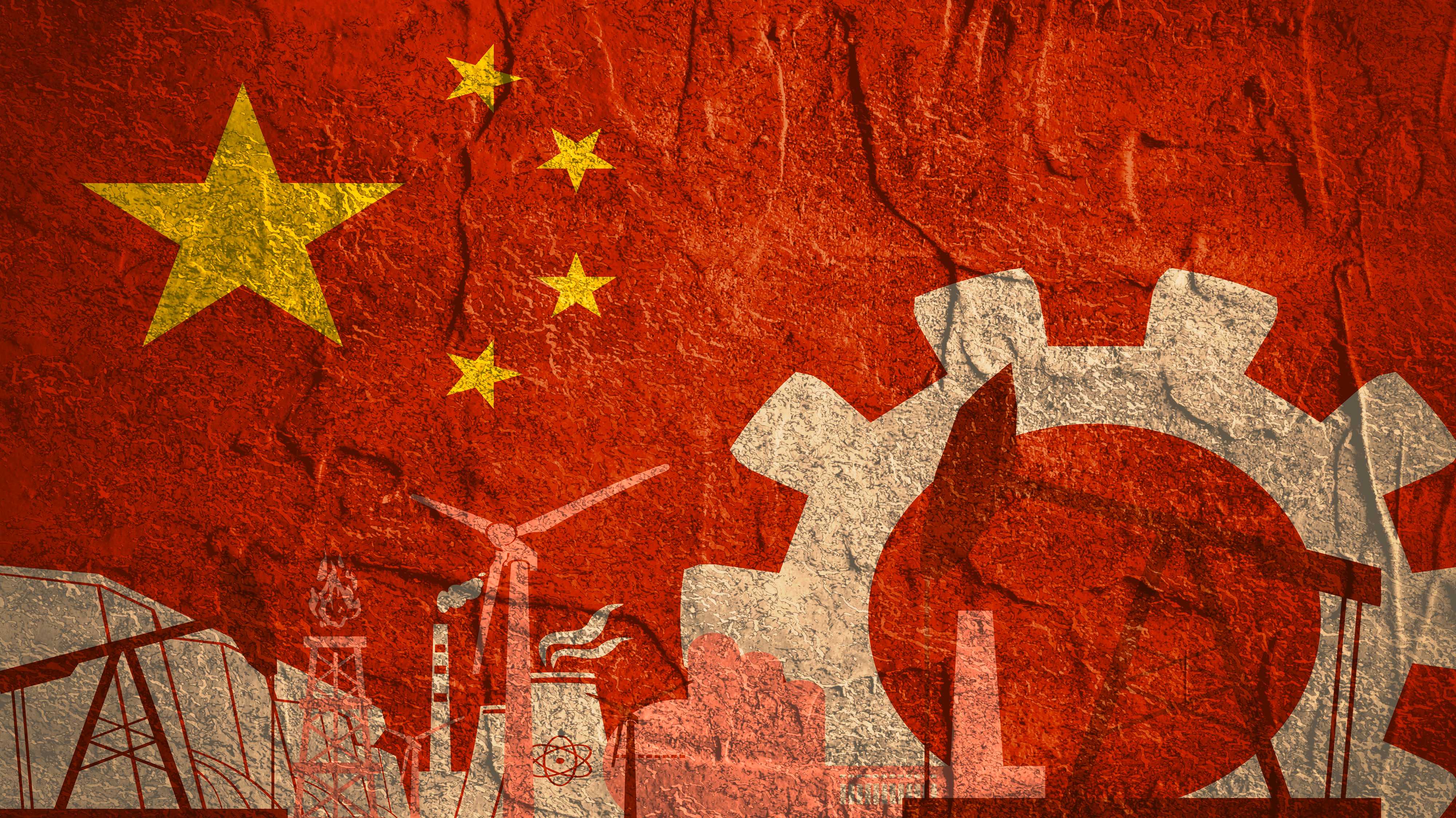 Energie- und Power-Symbole unter Chinas Flagge - Nachhaltige Energie und Schwerindustrie
