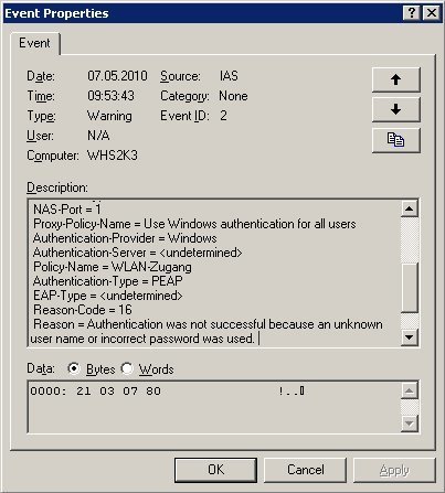 Hakt es bei der Anmeldung, dann weist ein unbestimmter EAP-Typ in den IAS-Meldungen in Windows’ Event-Log auf ein fehlendes Stammzertifikat auf dem anmeldenden PC hin.