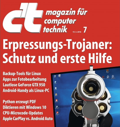 Lesen Sie dazu die Titel-Story "Erpressungs-Trojaner: Schutz und Erste Hilfe" in der aktuellen Ausgabe der c't 7/2016. Das Heft ist ab sofort online und am Kiosk erhältlich.
