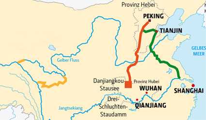 Drei riesige Kanäle sollen Wasser nach Peking leiten (Legende: Rot - Zentralroute, Gelb - Westroute, Grün: Ostroute).