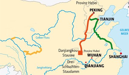 Drei riesige Kanäle sollen Wasser nach Peking leiten (Legende: Rot - Zentralroute, Gelb - Westroute, Grün: Ostroute).