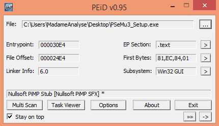 Das Analyse-Tool PEiD zeigt, dass die PSeMU3_Setup.exe auf einen Nullsoft Installer setzt. Diese werden oft als Dropper für Malware genutzt.
