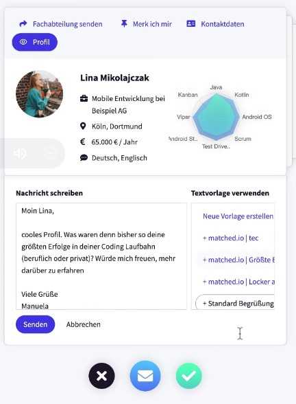 matched.io, Entwicklerprofil und Antwort einer CEO (fiktives Beispiel)