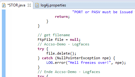 Das Beispiel lässt es krachen: Error-Log-Ausgabe mit angehängter NullPointerException (Abb. 2)