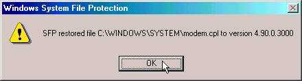 Meldung des Systemdateischutzes, dass eine Datei restauriert wurde.