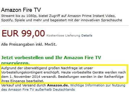 Amazon verärgert Prime-Kunden: Wer zu spät bestellt hat, bekommt das Fire TV weder für 49 Euro, noch am Starttermin.
