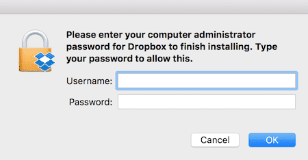 Dropbox fragt das Passwort über einen Systemdialog ab, um Admin-Rechte zu erhalten.