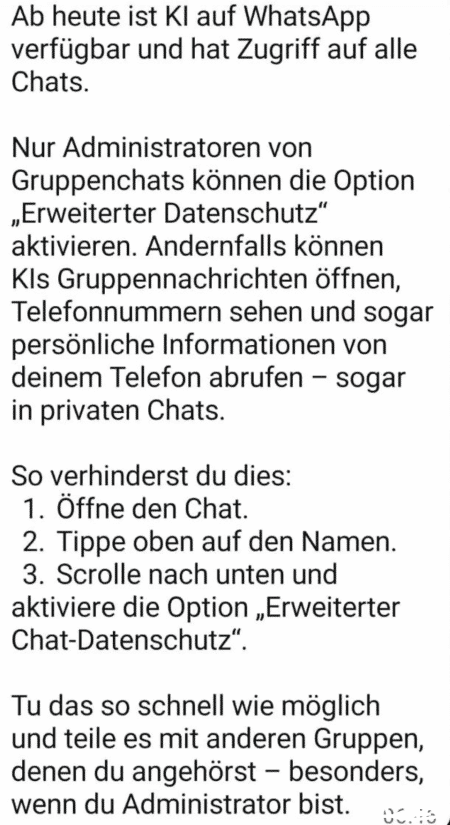 Screenshot of chain letter warning about Meta AI in Whatsapp