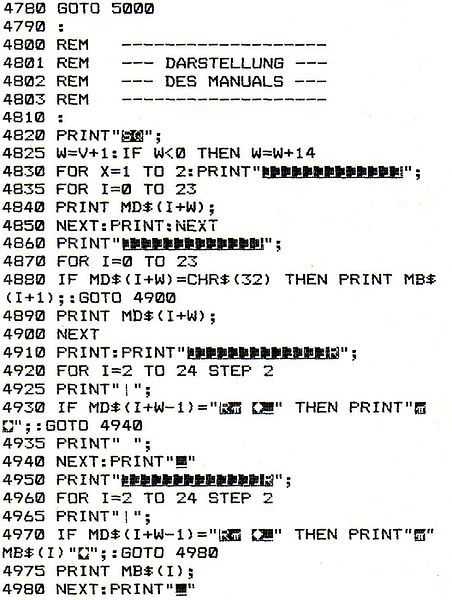 Ein Ausschnitt eines Ausdrucks einer Commodore-C64-BASIC-Programmliste: Man sprang mit GOTO zu Zeilennummern.